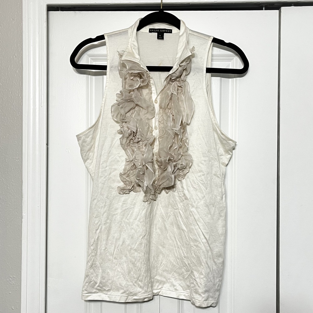 Ralph Lauren Black Label Top Womens XL White Sleeveless Ruffle Front Blouse